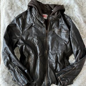 Faux Leather + Hooded Sweatshirt Jacket